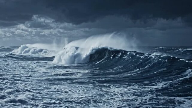 Dramatic stormy ocean waves crashing in dark moody sea, powerful marine tempest and rough water background