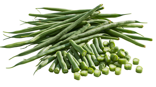 Isolated fresh green beans whole and chopped, vibrant raw vegetable ingredient for healthy cooking