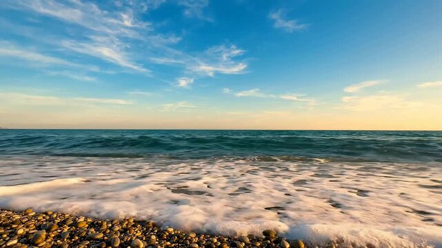 Serene ocean waves crashing on pebble beach at sunset, relaxing coastal seascape