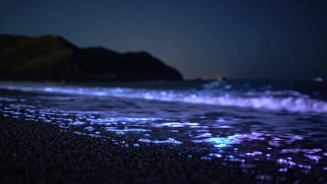 Bioluminescent waves crashing on dark sand beach at night, glowing blue sea tide marine phenomenon bioluminescence