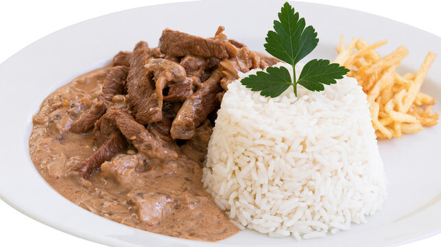 Isolated delicious beef stroganoff with creamy mushroom sauce, fluffy rice, and golden french fries.