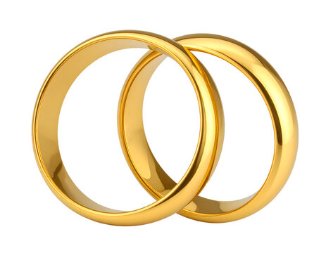 Two elegant, polished gold wedding rings intertwined together, symbolizing eternal love and commitment for easy integration into designs.
