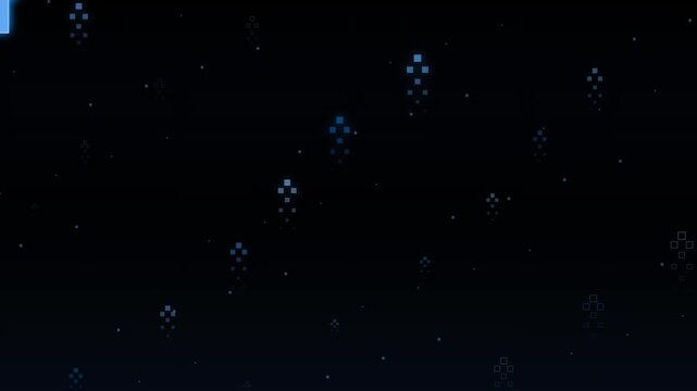 Floating blue square pixels moving upward against dark background for digital motion graphics.