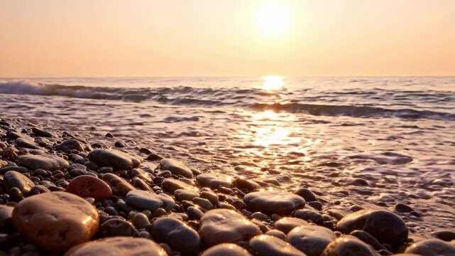 Golden sunset over pebble beach with gentle ocean waves rolling onto shore, relaxing coastal nature background