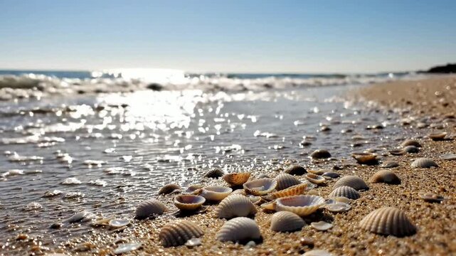 Seashells on sandy beach with gentle ocean waves rolling in at sunset