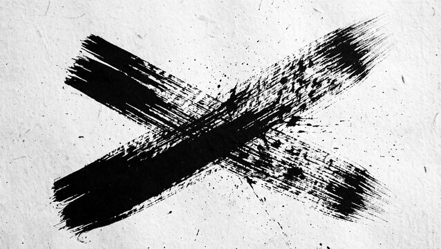 Hand painted black ink cross mark uses bold brush strokes for correction and rejection iconography.