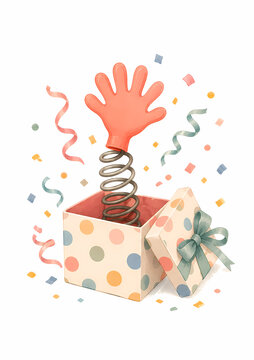 April Fools Day Surprise Prank Box with Spring Hand and Confetti
