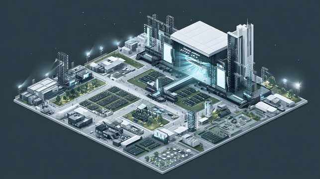 Isometric view of a futuristic concert festival venue lit at night with glowing stage lights. Ideal for event planning and music industry marketing concepts.