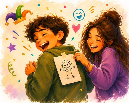 Friends Playing April Fools Day Prank and Laughing Together