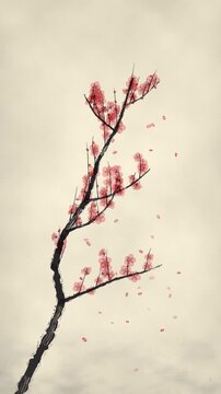 Plum blossom branch in ink painting style swaying in the wind, red petals falling on textured rice paper, vertical seamless loop background