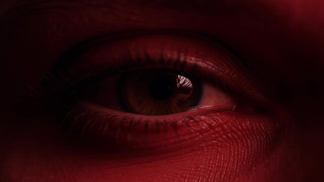 Close up shot of human eye under intense dramatic red light.