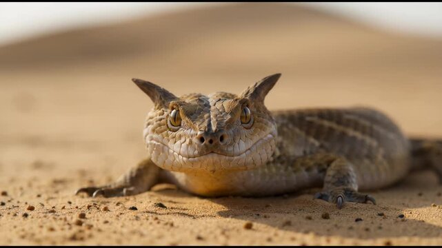 Close-up portrait of a horned desert lizard resting on golden sand dunes.