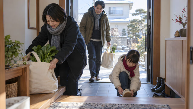 野菜の買い物袋を持って冬の玄関に帰宅する大人と子ども