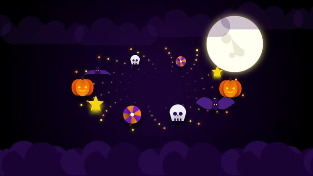 halloween spooky night loop animation with flying bats skulls pumpkins and candy under full moon.