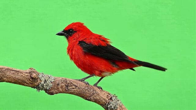 Vibrant red bird perched on a branch against a green screen with subtle camera movement