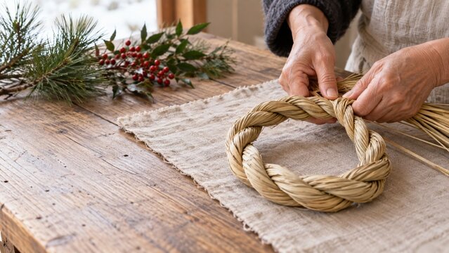 稲わらでしめ縄飾りを綯う大人の女性の手元