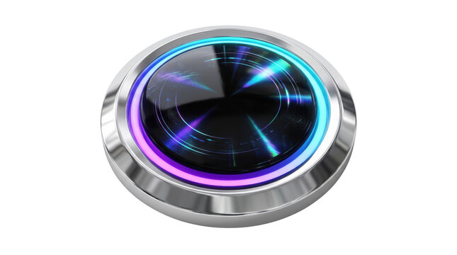 Futuristic glowing push button with chrome metal frame, high-tech circular interface element, neon light start button for gaming and technology