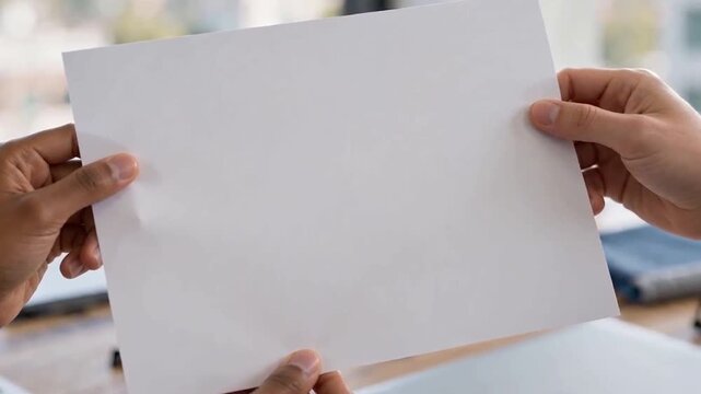 Business hands holding blank white paper chart on office desk
