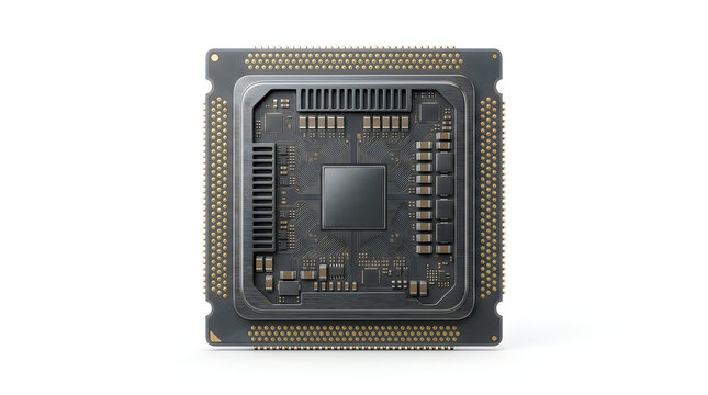 Processor chip 3D render, advanced hardware technology and microchip engineering on white background