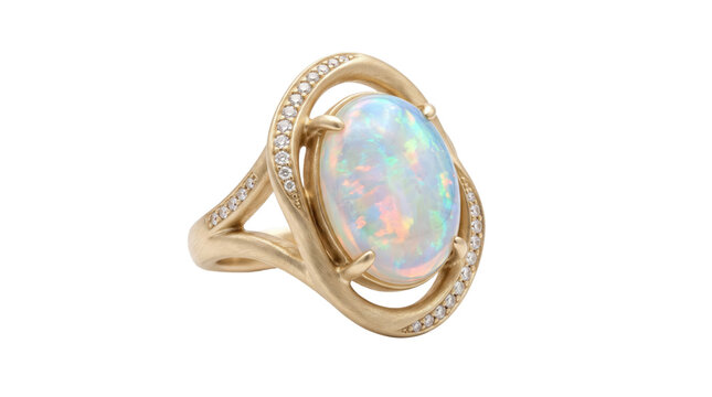 Elegant opal ring in rose gold setting, luxury gemstone jewelry with diamond accents, iridescent opal stone ring for engagement or anniversary gift