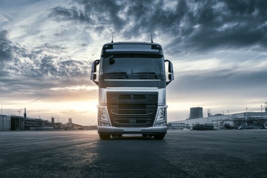 Large truck parked at a loading dock with a cloudy sky during late afternoon