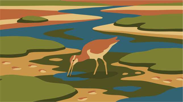 Pixel art of a sandpiper wading through shallow water and mudflats