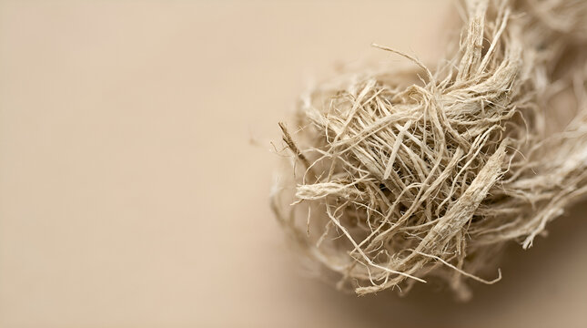 Dried natural fiber twine bundle with frayed edges on neutral beige background