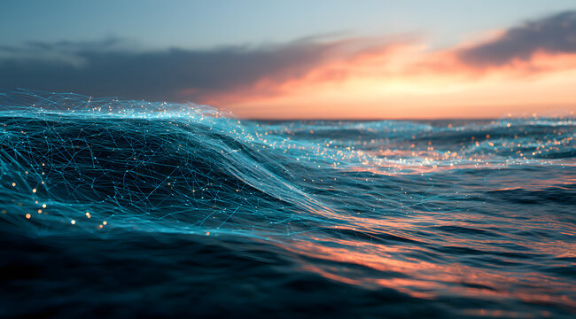 Futuristic digital ocean wave covered with glowing interconnected network lines and data points at sunset, symbolizing connectivity, data flow, technology, innovation, and digital transformation
