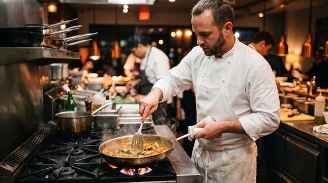 Chef preparing food at the stove in a busy restaurant kitchen. Professional cooking, dinner service, gastronomy and hospitality workflow.  
