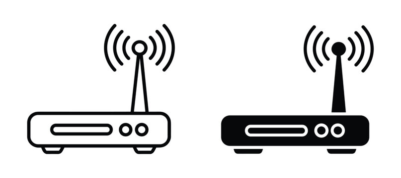 Router Icons: A set of simplified icons representing a wireless router, showcasing both outline and solid black designs for versatile application in digital design.