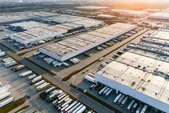Busy industrial area with trucks parked and warehouses in a logistics center