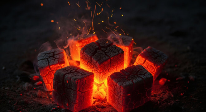 Glowing charcoal briquettes arranged in a circle burning with bright orange flames and flying sparks on dark ground background