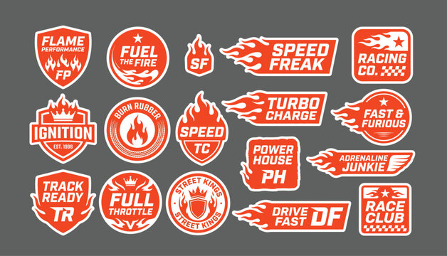 Set of vector automotive racing emblems and stickers featuring flaming typography and dynamic sports iconography for car modification and street racing culture