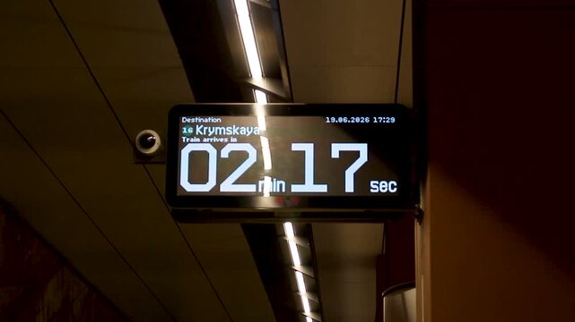 Digital countdown timer on subway platform showing arrival time for Krymskaya train
