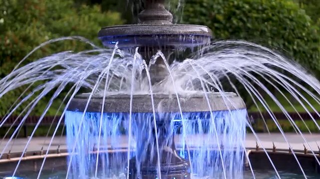 Tiered stone fountain with blue illuminated water jets in a public park