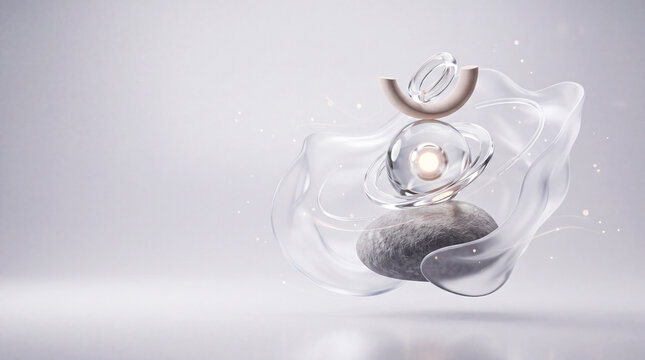 Minimalist spa and wellness background with levitating rocks and transparent flowing shapes