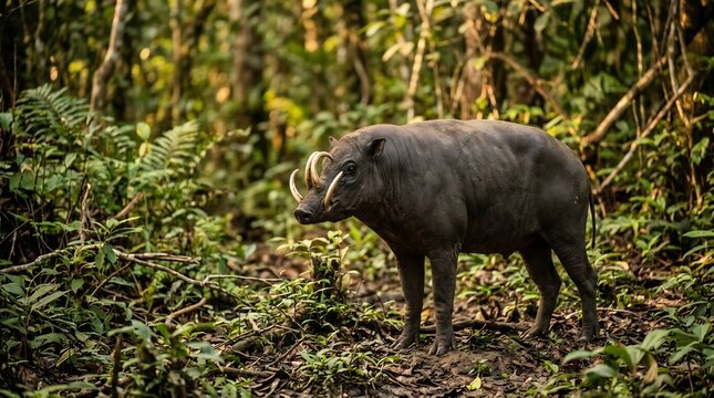 Wild babirusa pig with large curved tusks in tropical jungle