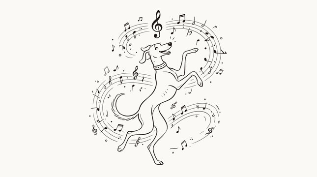 Azawakh dog character dancing with musical notes in a hand drawn sketch style