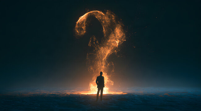 A businessman addresses a giant glowing digital question mark, indicating the unknown future of artificial intelligence and the complexities of ethics.