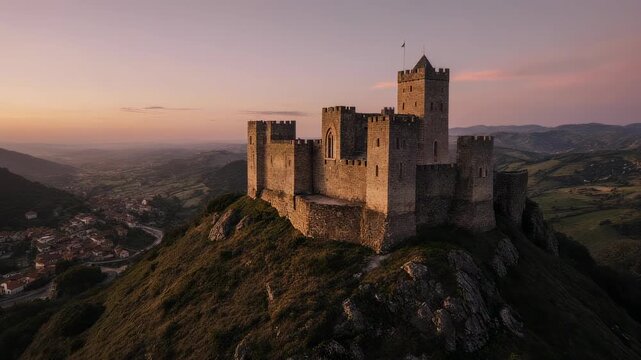 Majestic Castle Perched Atop a Hill During Golden Hour Sunset.