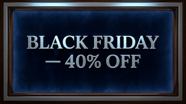 Black Friday sale 40 percent off 3D render with metallic typography on dark blue background and frame