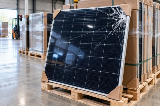 Damaged Solar Panel With Cracked Glass Stored on Warehouse Pallet, Photovoltaic Equipment Shipping and Quality Control Problem