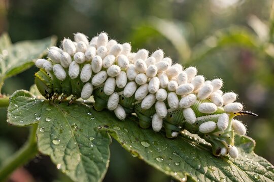 Tomato hornworm caterpillar Manduca quinquemaculata covered with white cocoons of the parasitic braconid wasp Cotesia congregata resting on a green leaf with morning dew drops