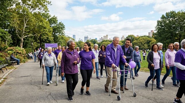 Diverse crowd walking together at charity event wearing purple shirts and ribbons. Seniors with walkers and volunteers march in a park during Alzheimer awareness walk.