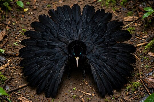 Digital art of a Superb Bird-of-Paradise, Lophorina superba native to New Guinea, in courtship display with black feathers fanned out in a full circle and blue eyes