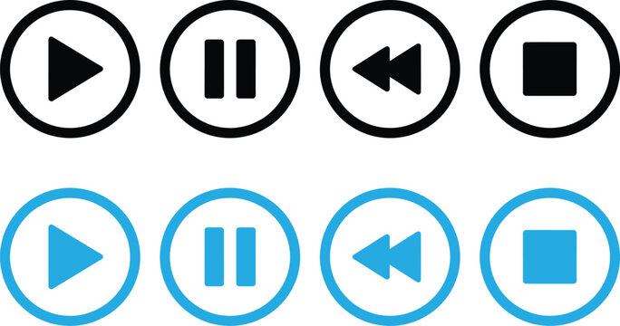 Set of black and blue media player control buttons including play pause rewind and stop icons
