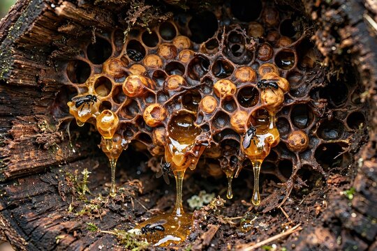 Close up of stingless bees Meliponini on a natural honeycomb inside a decaying hollow log with thick golden honey dripping from the wax cells in a wild forest environment
