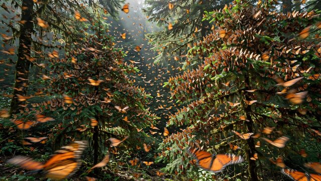 A spectacular swarm of monarch butterflies, Danaus plexippus, flying and resting on the branches of Oyamel fir trees in a misty forest during their annual winter migration