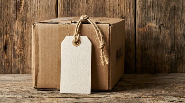 Cardboard shipping box with a blank paper tag on a rustic wooden surface