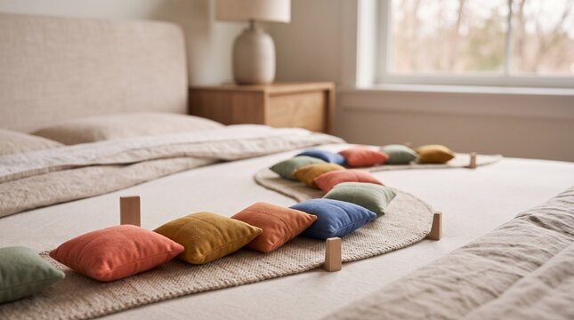 Colorful pillows queue on a miniature sleep roadway